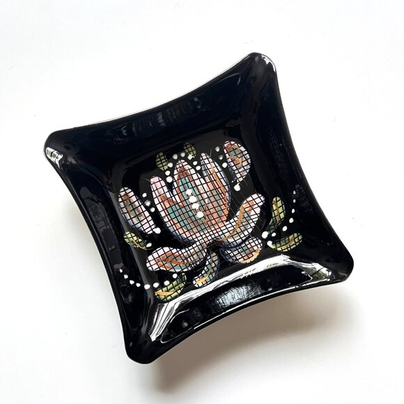 Vintage MCM Mid Century Sascha Brastoff Black Floral Ceramic Square Dish - Picture 4 of 6